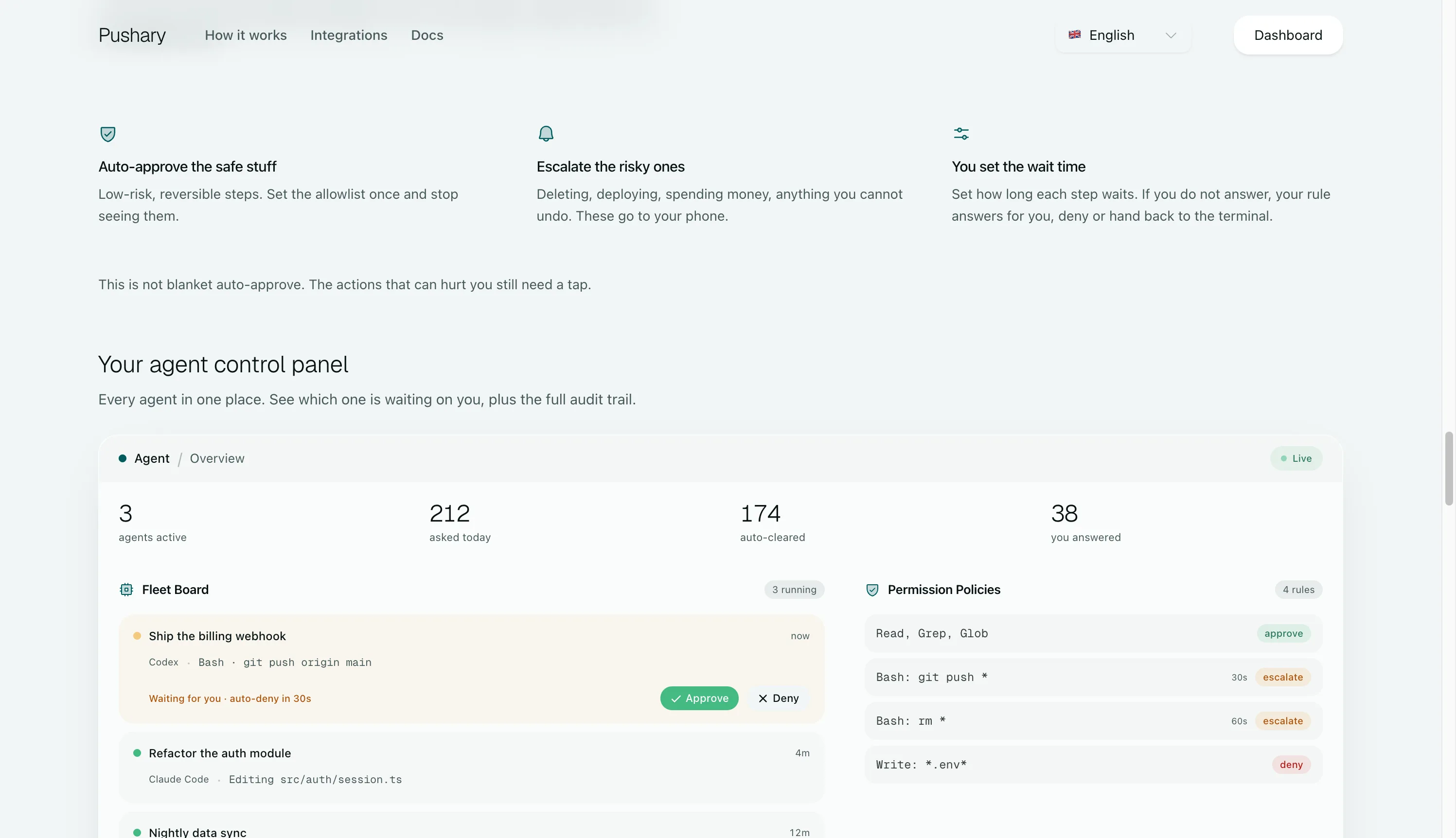 Permission policies and a control panel make pending decisions visible.