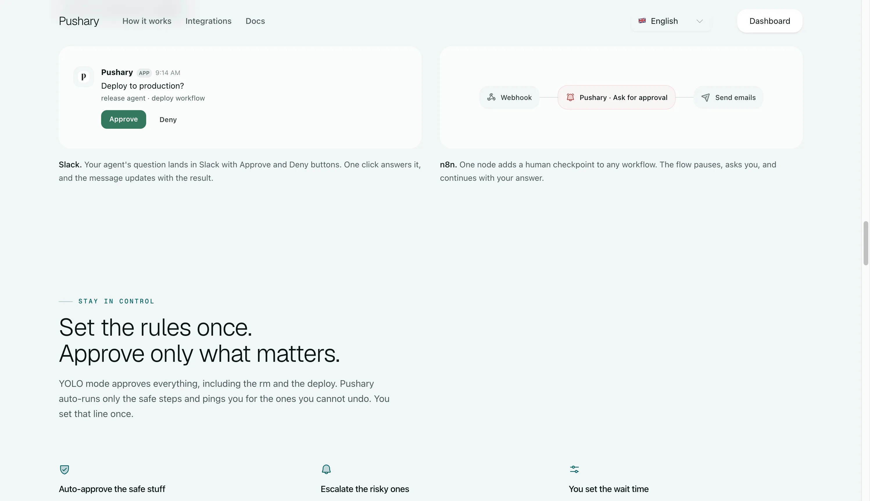 Approval checkpoints extend into Slack and n8n workflows.